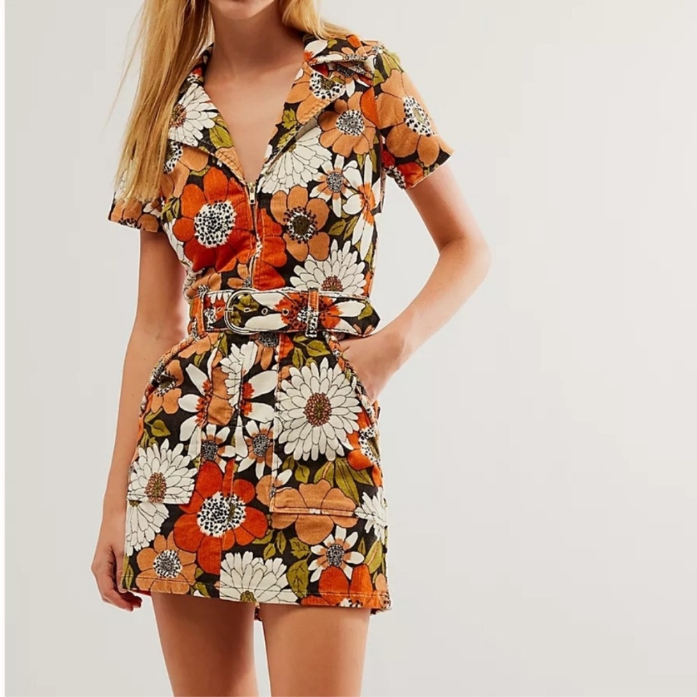Show Me Your MuMu Floral Corduroy Mini Dress in Orange, White, Green, Brown